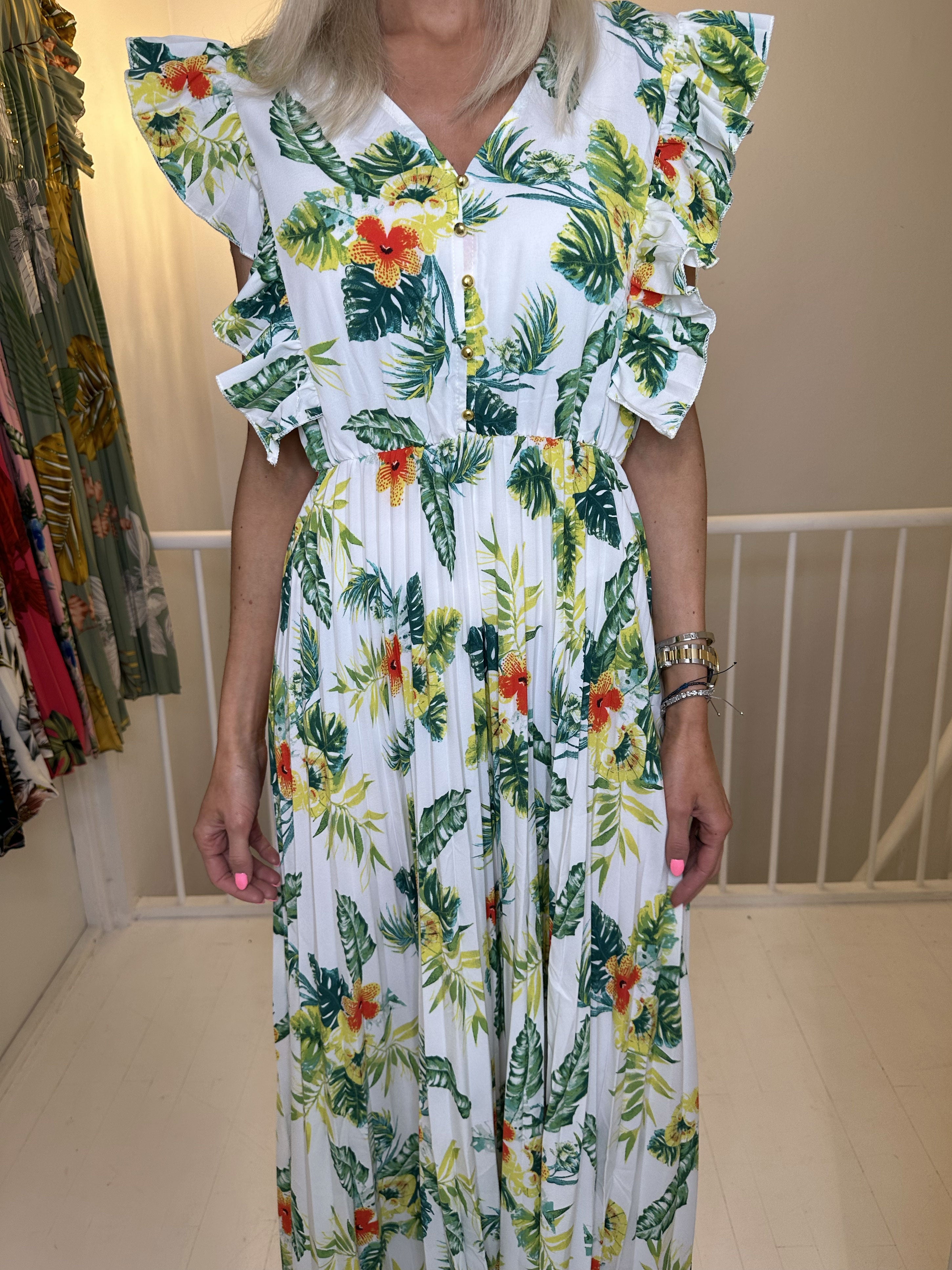 Lullu Tropical - Lang kjole med flæser og plisseret skørt